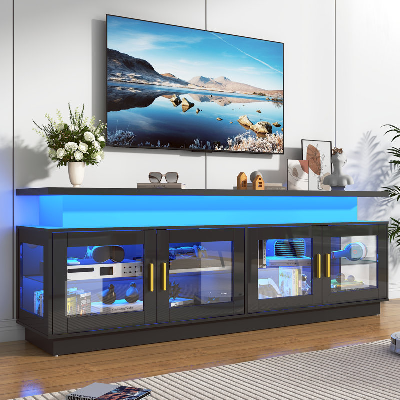 71" High Gloss TV Stand with Power Outlet and LED Light for TVs up to 80", Black