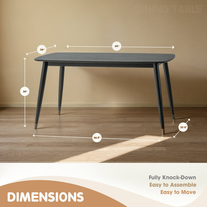 Norvia Mid-Century Modern Solid Wood, Rectangular Dining Table, Top 60 inches Length, Seats 4 to 6, Ebony Black, Ebony Black