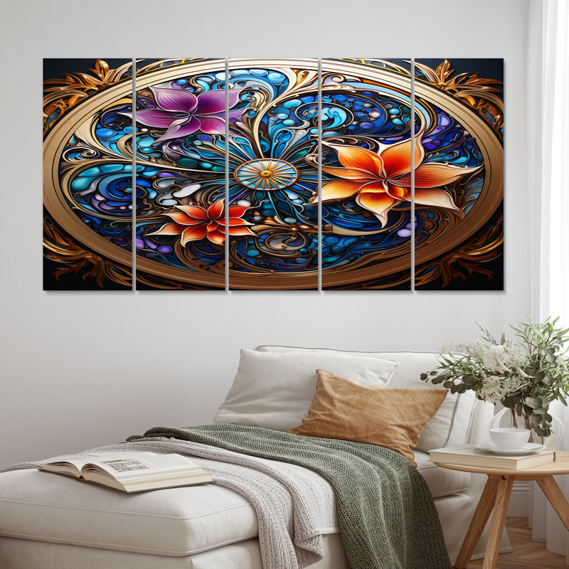 Rétro floral doré Mandala magique I - Boho Mandala Wall Art Living Room - 5 panneaux égaux