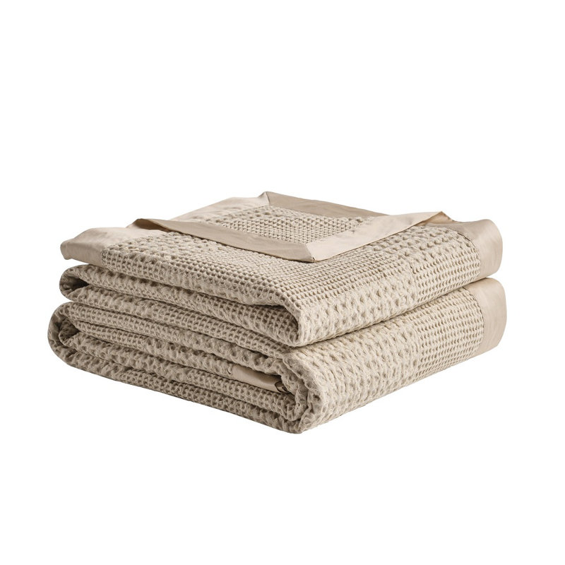 Couverture gaufrée en coton avec bordure en satin de coton, Très grand lit, Taupe, carreauté