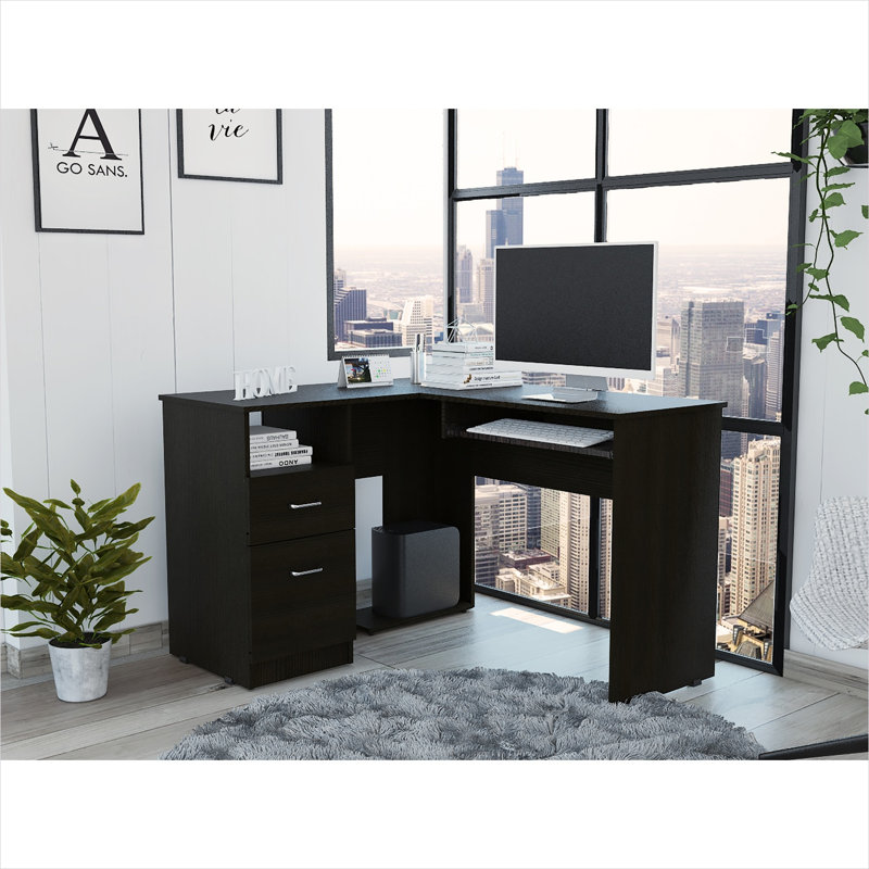 Poste de travail d'ordinateur de coin en forme de L en noir de bureau d'ordinateur avec panneau de particules, large surface de 47,2 pouces et tiroirs