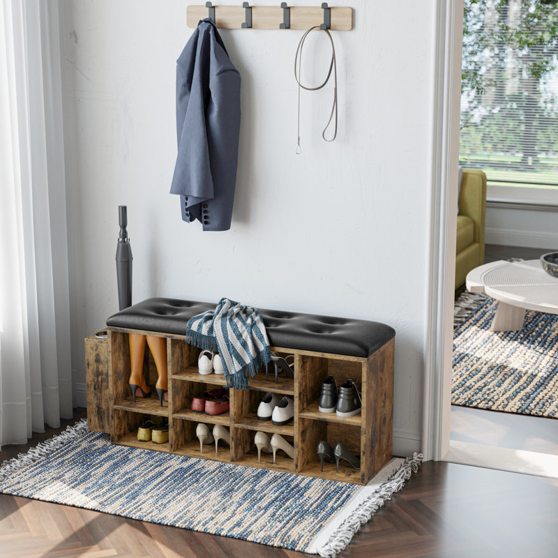 Banc de rangement à chaussures 10 paires avec coussin en similicuir Daimen, Noir / brun