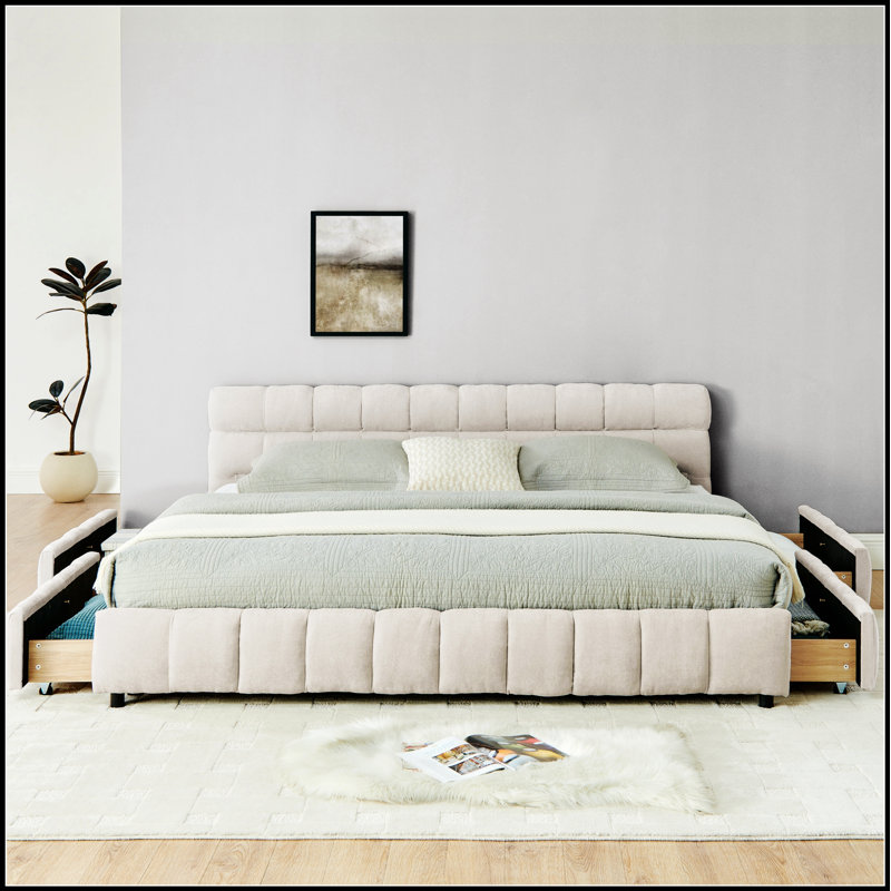 Lit rembourré en chenille confortable avec tête de lit, structure solide et tiroir de rangement pour un sommeil élégant et fonctionnel