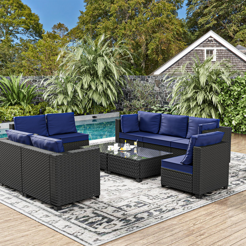  𝗣𝗿𝗲-𝗮𝘀𝘀𝗲𝗺𝗯𝗹𝗲𝗱 𝗖𝗵𝗮𝗶𝗿𝘀, Ensemble de meubles de patio pour 8 personnes Ensemble de conversation modulaire en rotin avec canapé et table basse
