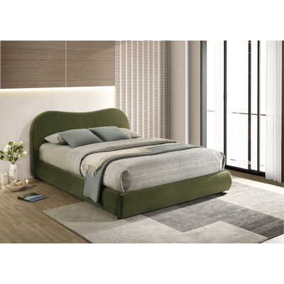 Très grand lit contemporain de style oriental avec velours olive, tête de lit incurvée, espace de rangement, structure et fonction en bois d'ingénierie, configuration de chambre à coucher transitionnelle