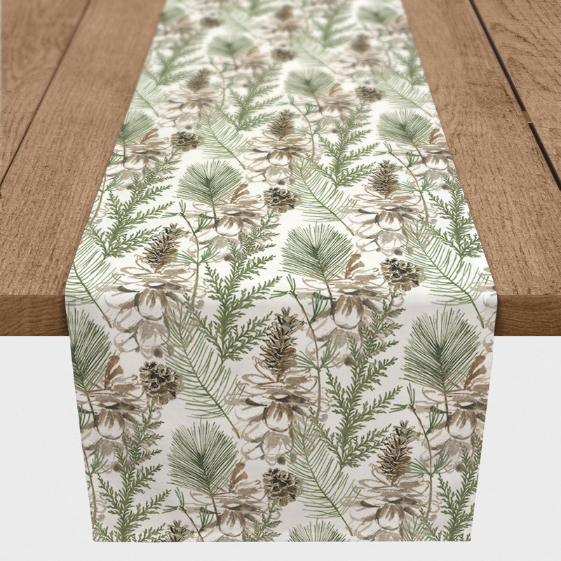 Chemin de table pommes de pin et verdure sur fond brun, 90 po x 16 po, Blanc