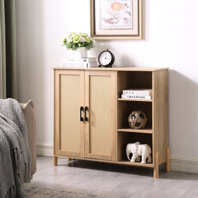Armoire de rangement de style Mid-Century avec portes avant tissées, trois tablettes ouvertes et configuration de tablette réglable, idéale pour organiser des articles de salle à manger, panneau de particules double porte