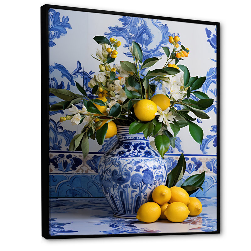 Carreaux grecs, nature morte, cuisine I - Boho Pottery, art mural, Cadre flottant noir, H 44 po x l 34 po x P 1,5 po