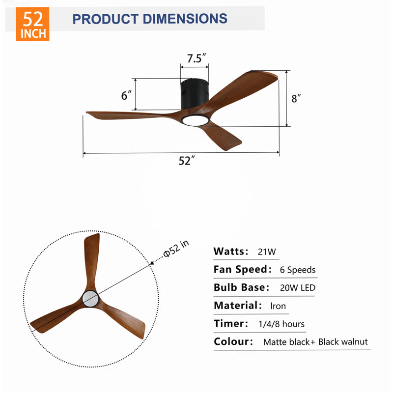 Ventilateur de plafond réversible à 6 vitesses à moteur à courant continu inspiré d'une hélice avec ensemble d'éclairage, noir mat et bois naturel