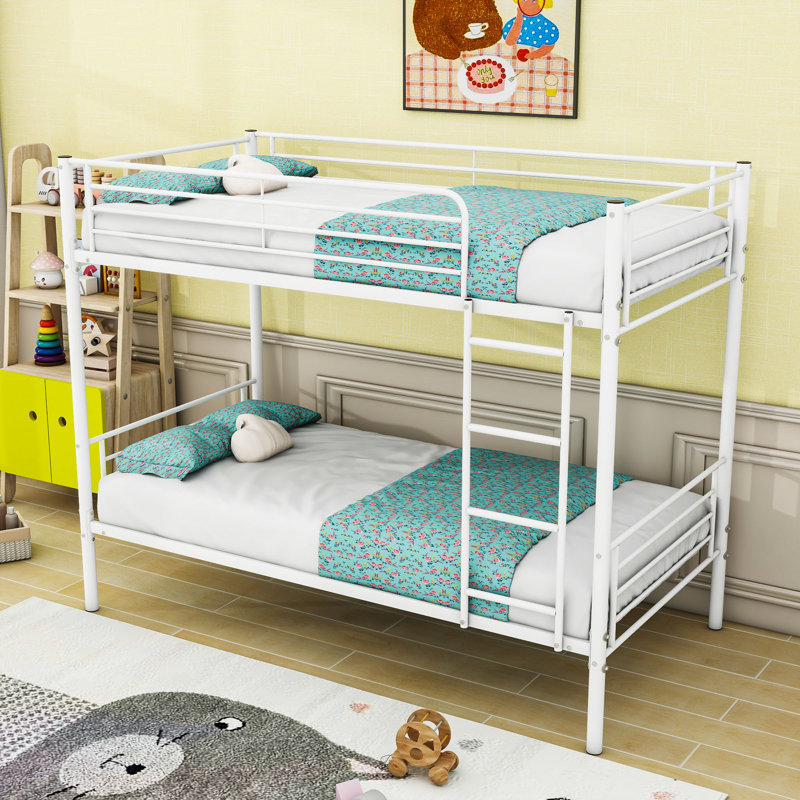 Twin Over Twin Metal Bunk Bed With Ladder & Guardrails, Noise-Free Design, White