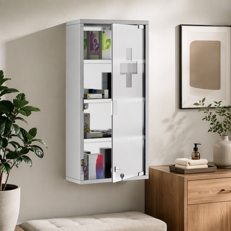 Armoire à pharmacie murale, armoire murale verrouillable avec 4 tablettes à niveaux, cadre en acier inoxydable et porte en verre, verrouillable avec 2 clés 0