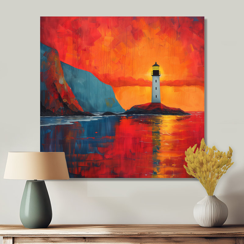 Décoration de phare orange et bleu côtier, phare, coucher de soleil II - phares, H 16 po x l 16 po, Toile tendue