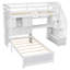 Lit mezzanine simple au-dessus de simple avec bureau intégré et escalier, avec compartiments de rangement et tablettes-1102871314
