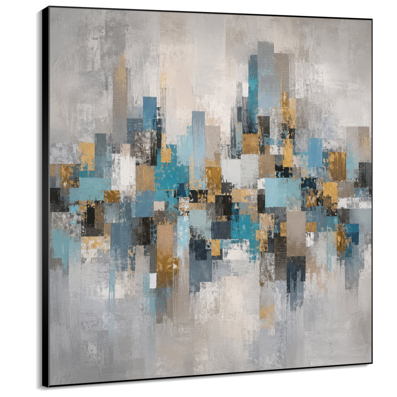 Extra Large Wall Art Fabric Print - Turquoise Blue Gold Gray Geometric Cityscape Abstract Design for Living Room or Bedroom - "Frame Assembly Required (Unfinished Frame)"