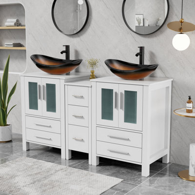 Ensemble de meuble-lavabo à double cuve 60 "avec lavabo vasque, plateau en bois manufacturé, robinet et bonde Sharee