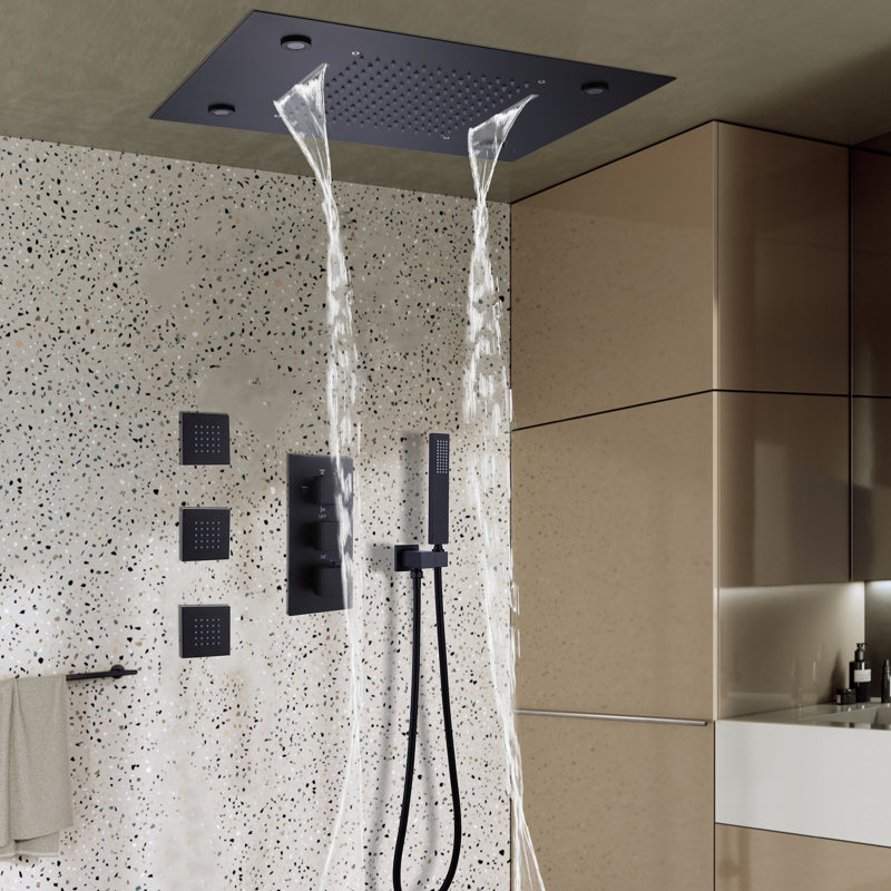 LED Thermostatic Complete Shower System with Rough-in Valve and Handheld Shower, Matte Black