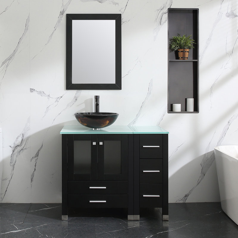 Ensemble de meuble-lavabo simple 37 "avec miroir, Noir, Brun; ambre