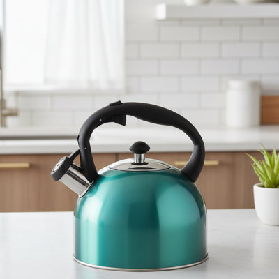 Théière en acier inoxydable Basic Whistling, bleu sarcelle 2,4 qt, poignée ergonomique à ébullition rapide