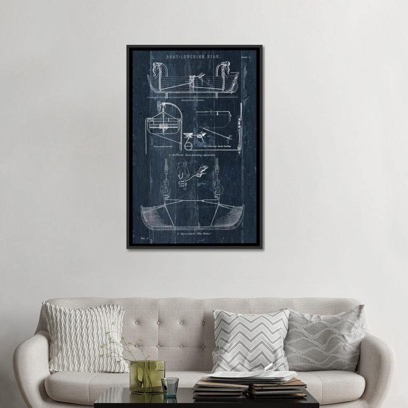 « bateau lancement blueprint i » par sauvage pomme portfolio, impression sur toile, Toile avec cadre noir, Pas de tapis