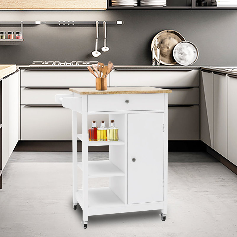 Chariot d'îlot de cuisine compact avec tiroir, tablettes ouvertes, rangement pour armoire et roulettes verrouillables