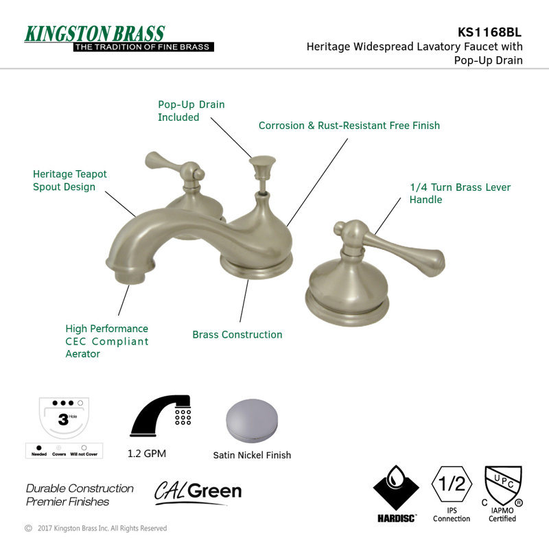 Kingston Brass Vintage Two-Handle 3-Hole Deck Mount Widespread Bathroom Faucet with Brass Pop-Up Drain, Brushed Nickel