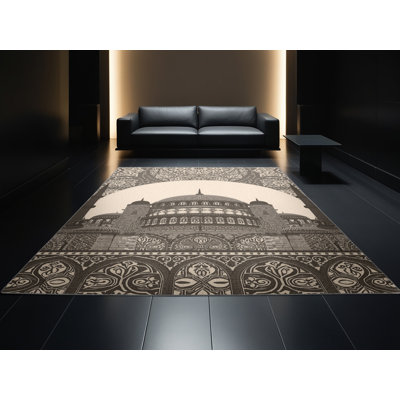 Tapis oriental moelleux et moelleux d'inspiration mondiale Hagia Sophia en gris - reliure grise