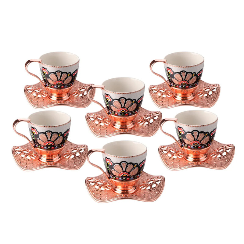 Handcrafted Rosegold Turkish Coffee Cup Set with Wavy Saucers, 3 Oz