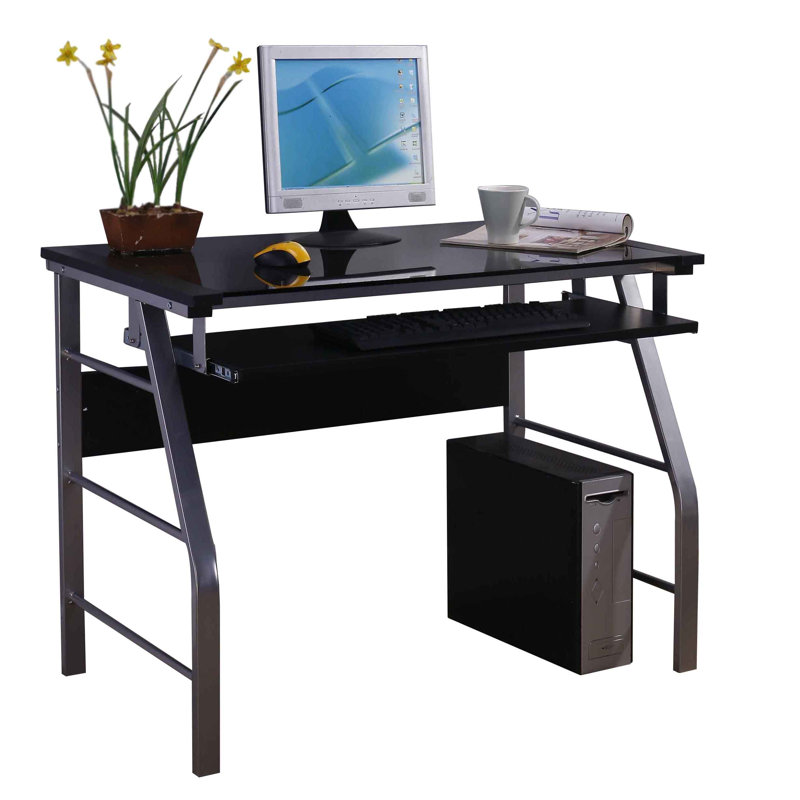 Brosley Contemporary Glass-Top Writing Desk with Full-Size Pull-Out Keyboard Tray and Sturdy Metal Frame - Black, Black