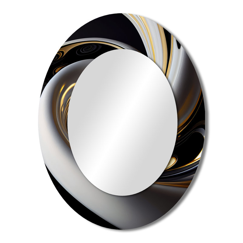 Vitrail doré noir et blanc III - Miroir décoratif abstrait ovale sur métal, 43 po x 33 po