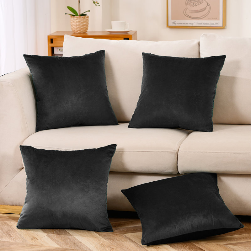Ensemble de 4 housses de coussin en velours, Noir, H 18 po x l 18 po