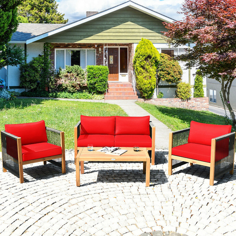 Menges Outdoor Patio 4 Pieces Acacia Wood Sofa Set with Cushions, Red