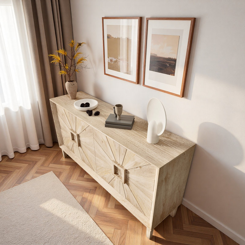 Buffet avec porte symétrique Sunburst et tablettes réglables, Naturel antique