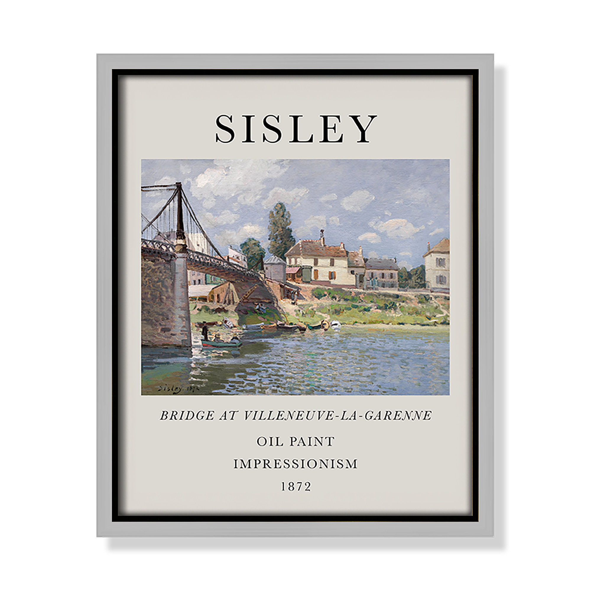 Old Masters Collection " The Bridge At Villeneuve " by Alfred Sisley, Silver Floater Frame, 11.5" H x 9.5" W x 2" D, No
