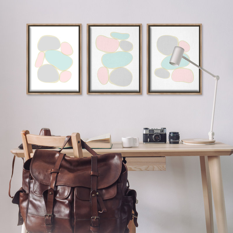  Ensemble de 3 toiles flottantes encadrées Pastel Stones on White par Martina Pavlova, Cadre flottant orme Montalcino