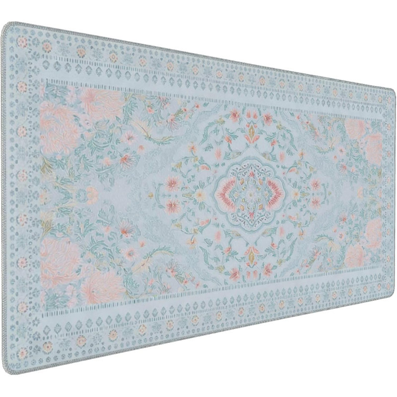 Tapis de bureau floral géant, tapis de souris bleu long de 31,5 po x 15,7 po avec bordure antidérapante et cousue, jolie décoration de bureau pour femme, poste de travail d'ordinateur personnel
