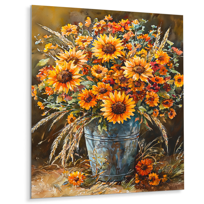 Tournesol et bouquet de blé à la ferme III - Tournesols, impressions sur métal, H 20 po x l 12 po