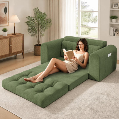 Canapé-lit convertible de 150 cm avec accoudoirs ronds en velours côtelé, futon pliable 2 places, aucun assemblage requis pour le salon ou la chambre.