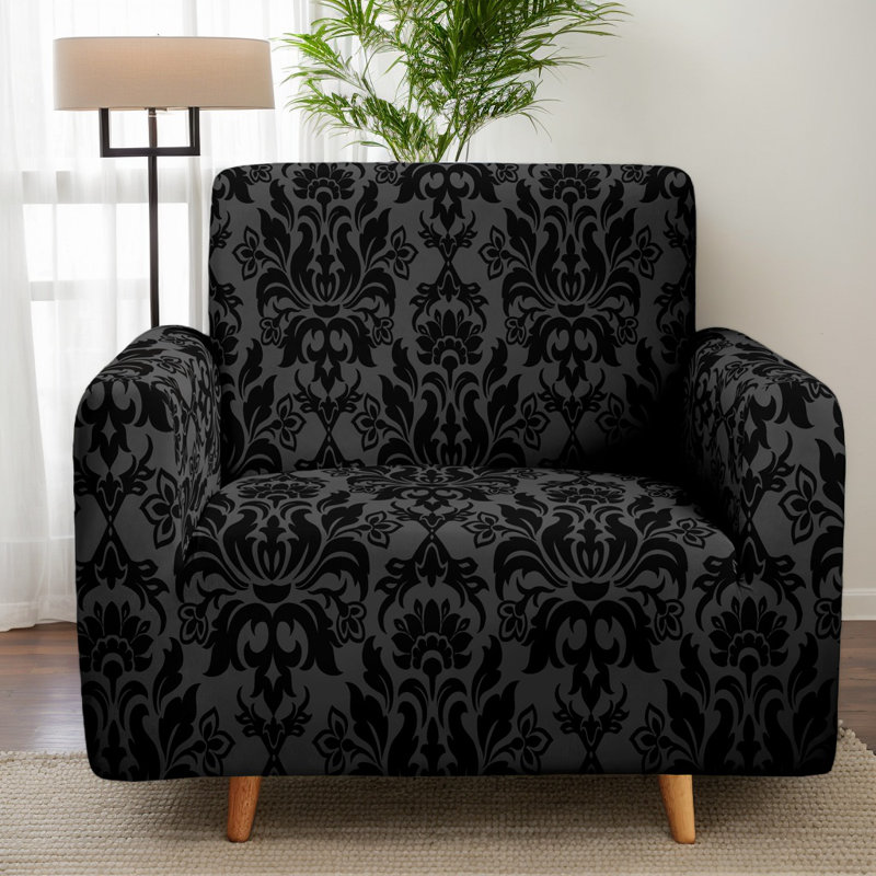 Housse extensible pour canapé deux places, motif damassé gothique noir et anthracite, microfibre 90 g/m², largeur 185 cm, lavable à la machine