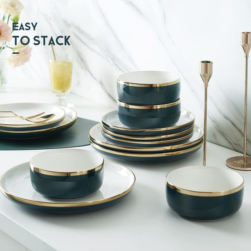 Green and White Porcelain Dinnerware Set with Gold Rim, Service for 4