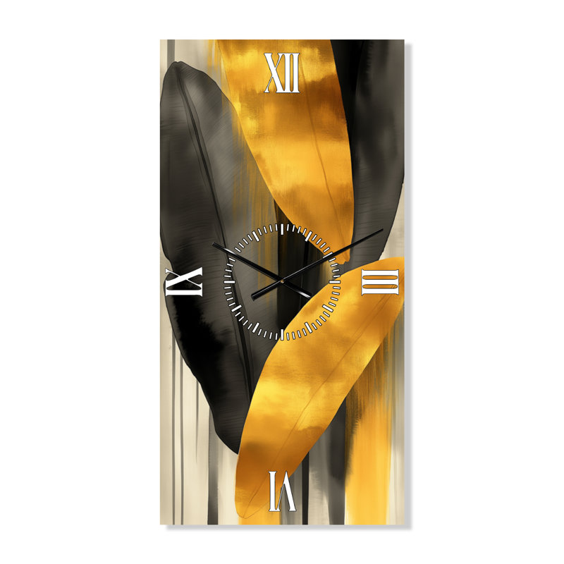 Feuille de bananier dans l'air doré II - Horloge murale tropicale, imprimée sur métal, H 40 po x l 20 po - Rectangle