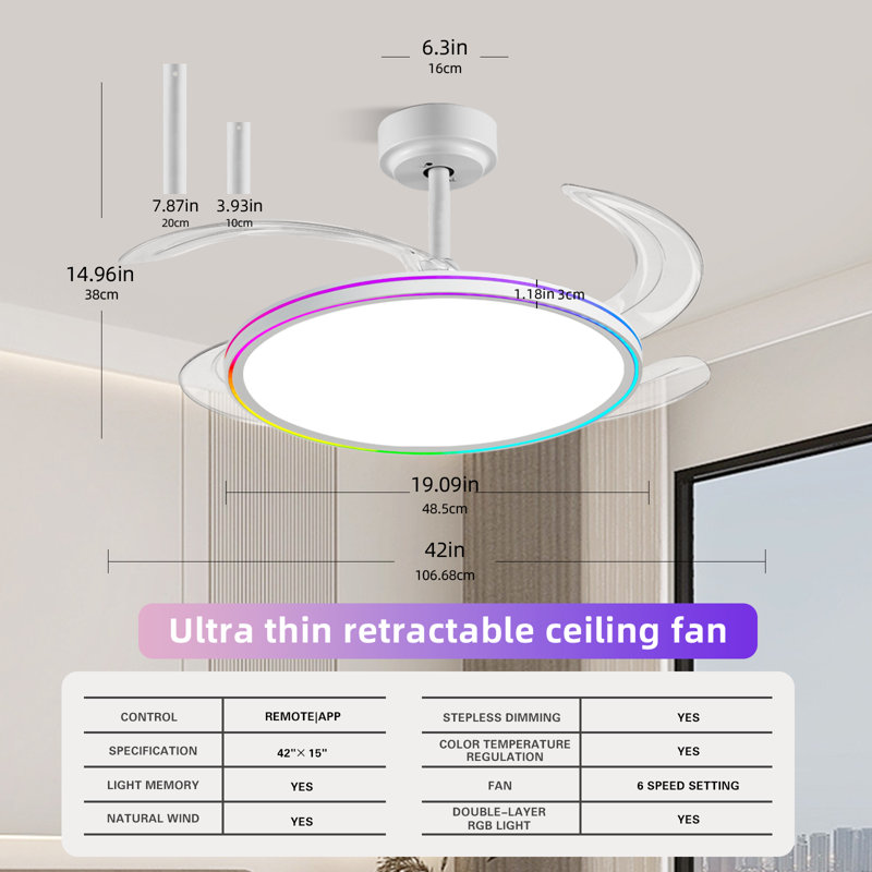 Ventilateur de plafond blanc rétractable avec lumière et application / télécommande, ventilateur de plafond intelligent moderne RVB de 42 pouces avec lumières et télécommande, ventilateur à intensité variable avec mémoire, ventilateur réversible à 6 vitesses