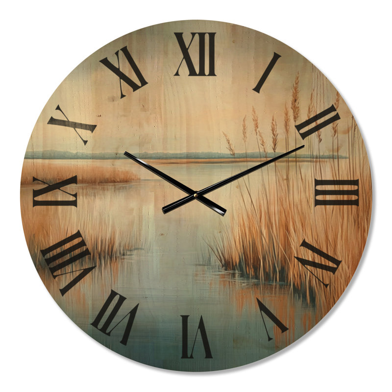 Golden Marsh Reeds II - Horloge murale surdimensionnée de style côtier, imprimée sur bois, Medium