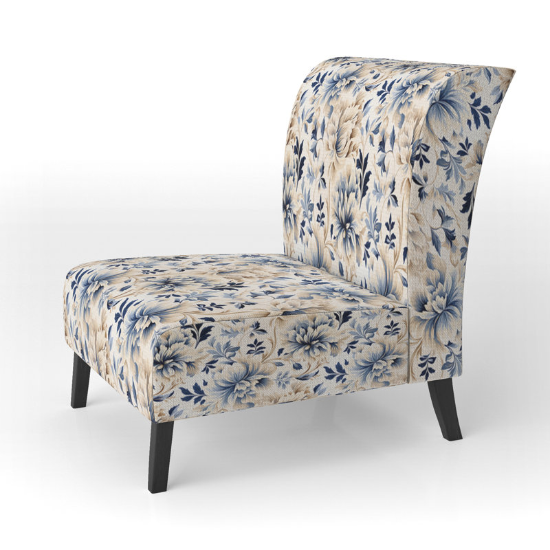 Petal Symphony Blue Damask Harmony - Upholstered Traditional Slipper Chair, Blue Accent Chair