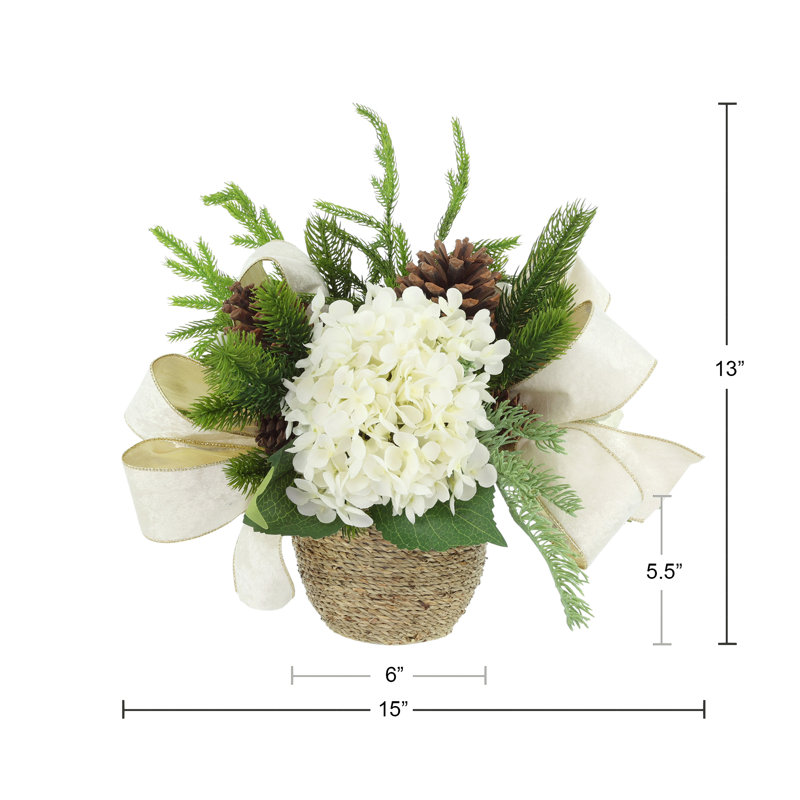 Holiday Arrangement Trio with Hydrangeas, Evergreen and Bows, White/Cream/Green/Red