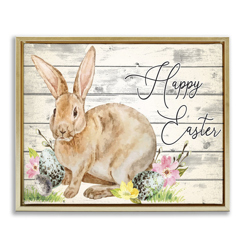 Lapin de printemps et joyeuses Pâques, H 21 po x l 17 po, Cadre flottant métallique doré