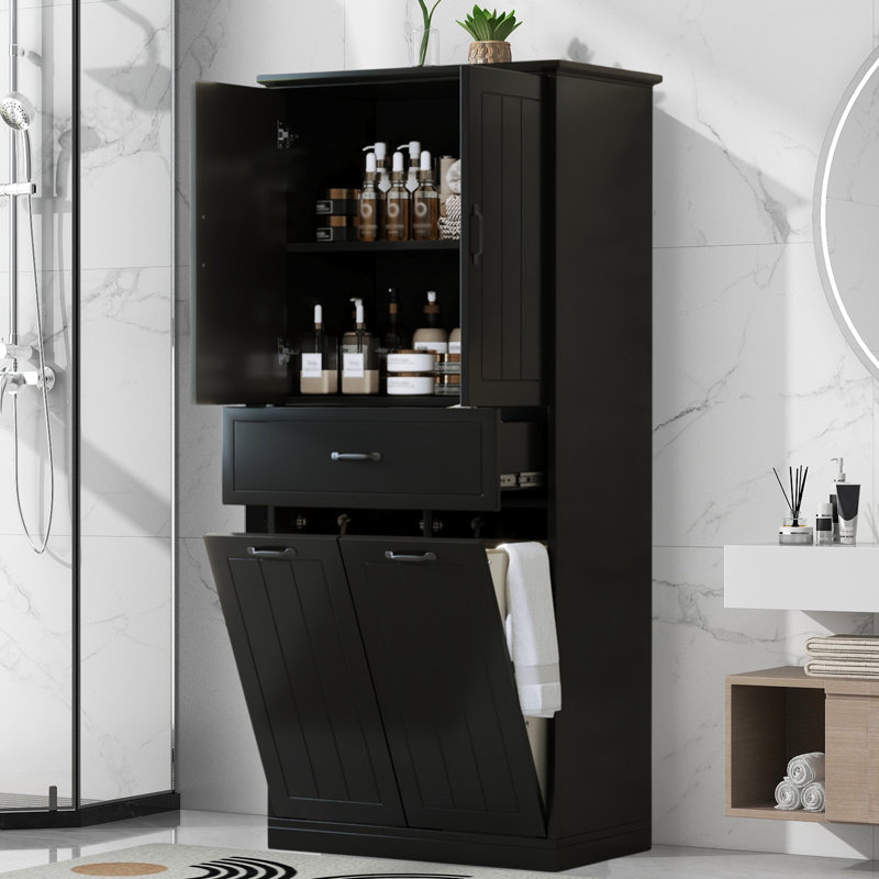 Armoire à linge avec deux paniers à linge avec deux sacs en tissu, armoire de rangement avec portes et tiroir