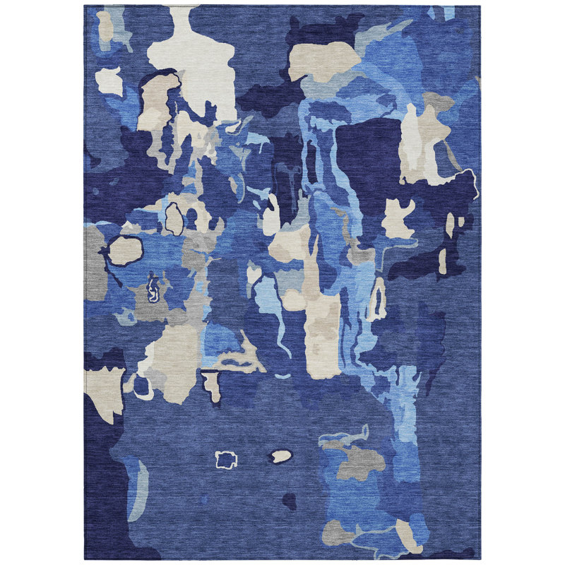 Tapis extérieur lavable abstrait bleu marine ivoire et gris 10 pi x 14 pi