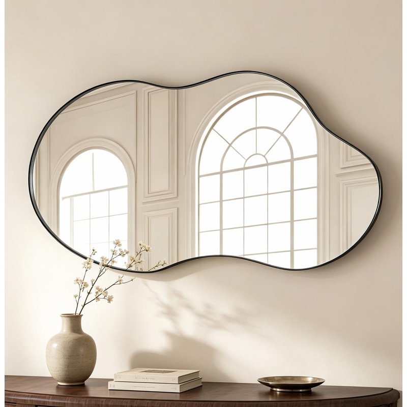 Asymmetrical Metal Wall Mirror, Black, 82cm H x 48cm W