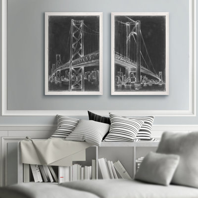 «Suspension Bridge Blueprint I», ensemble de 2 reproductions de dessins encadrés