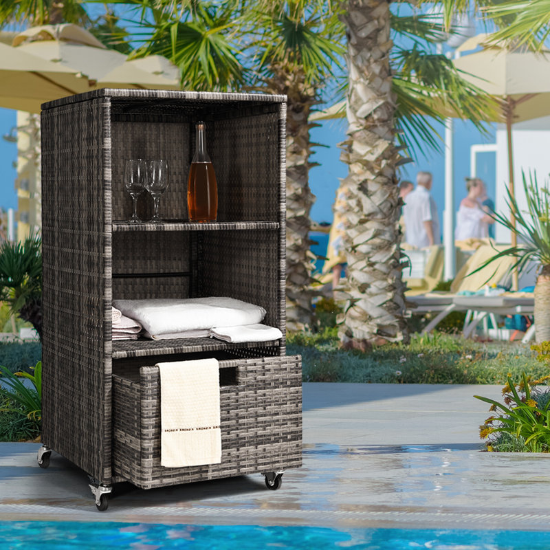 Outdoor Towel Rack For Pool Outdoor Pool Towel Storage Cabinet With Shelf & Drawer Pool Towel Hoder With Rolling Wheels Hot Tub Towel Rack W/Waterproof Cover Poolside Towel Valet Caddy For Spa Grey